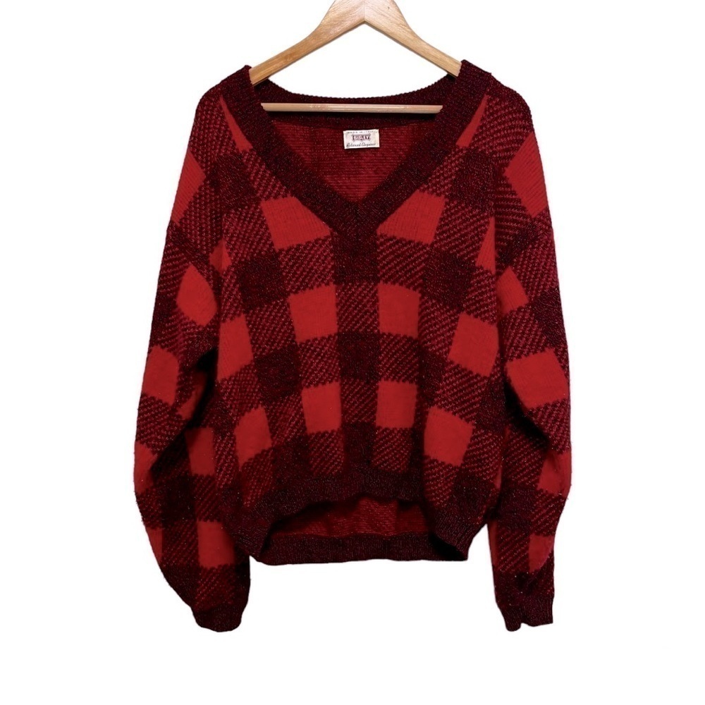 Vintage SISLEY Relaxed Fit Elegance Plaid Wool Blend oversized Sweater. Size L